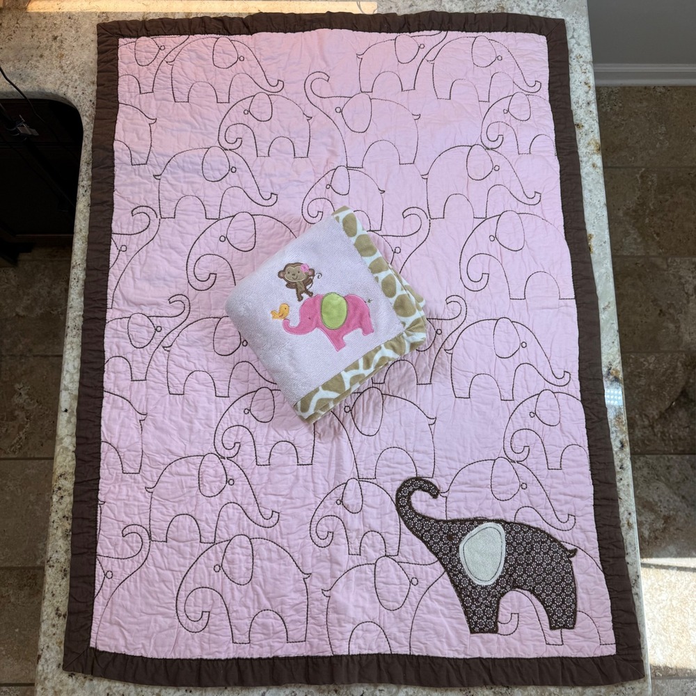 Carter's Baby Girl Crib Quilt Blanket Set Pink Brown Elephant Monkey 2012